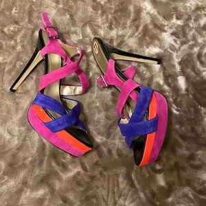 Colorful suede high heel sandals with patent heel